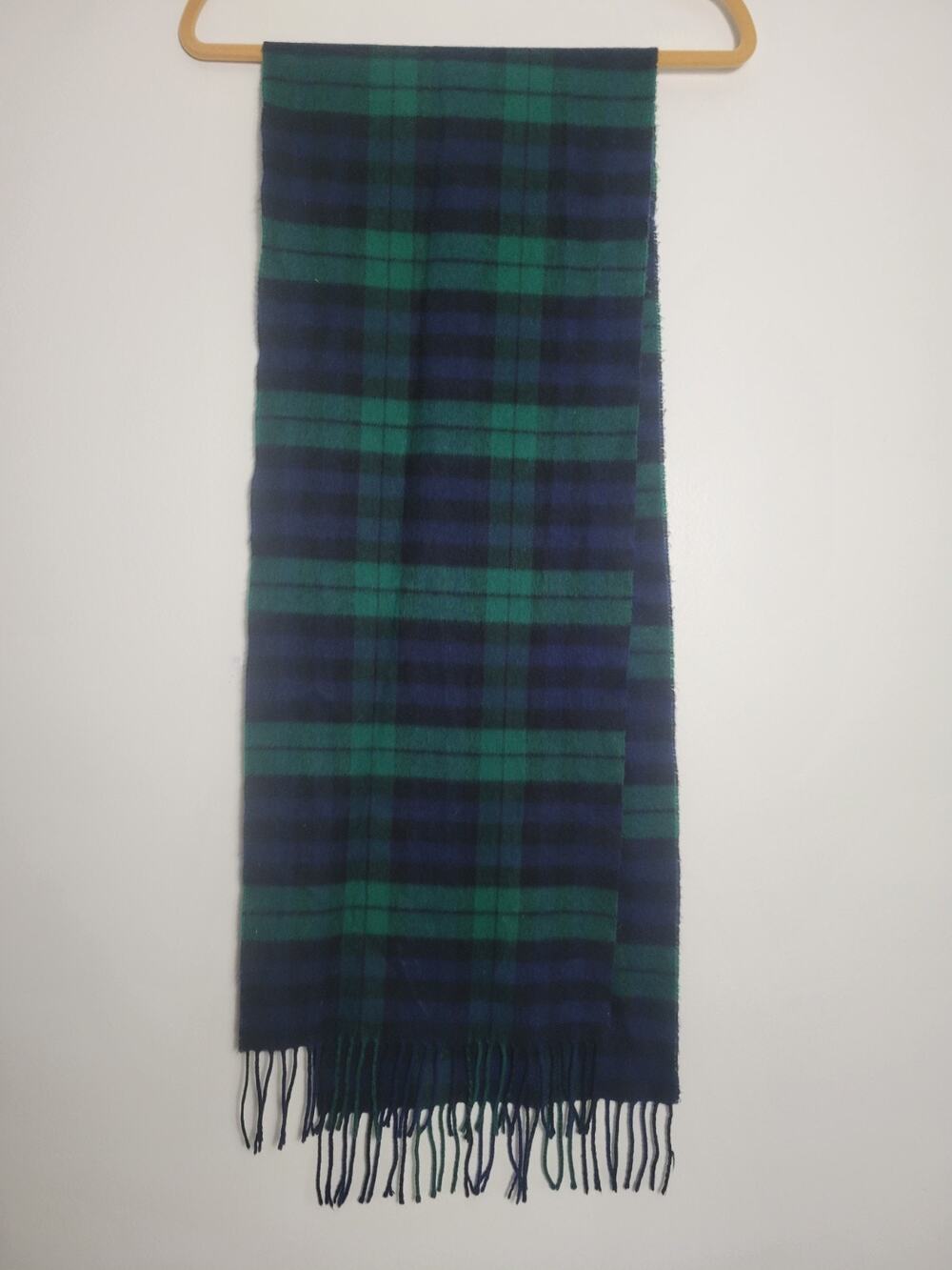 100% CASHMERE SCARF Made in Scotland Soft Plaid Green/Black/Navy